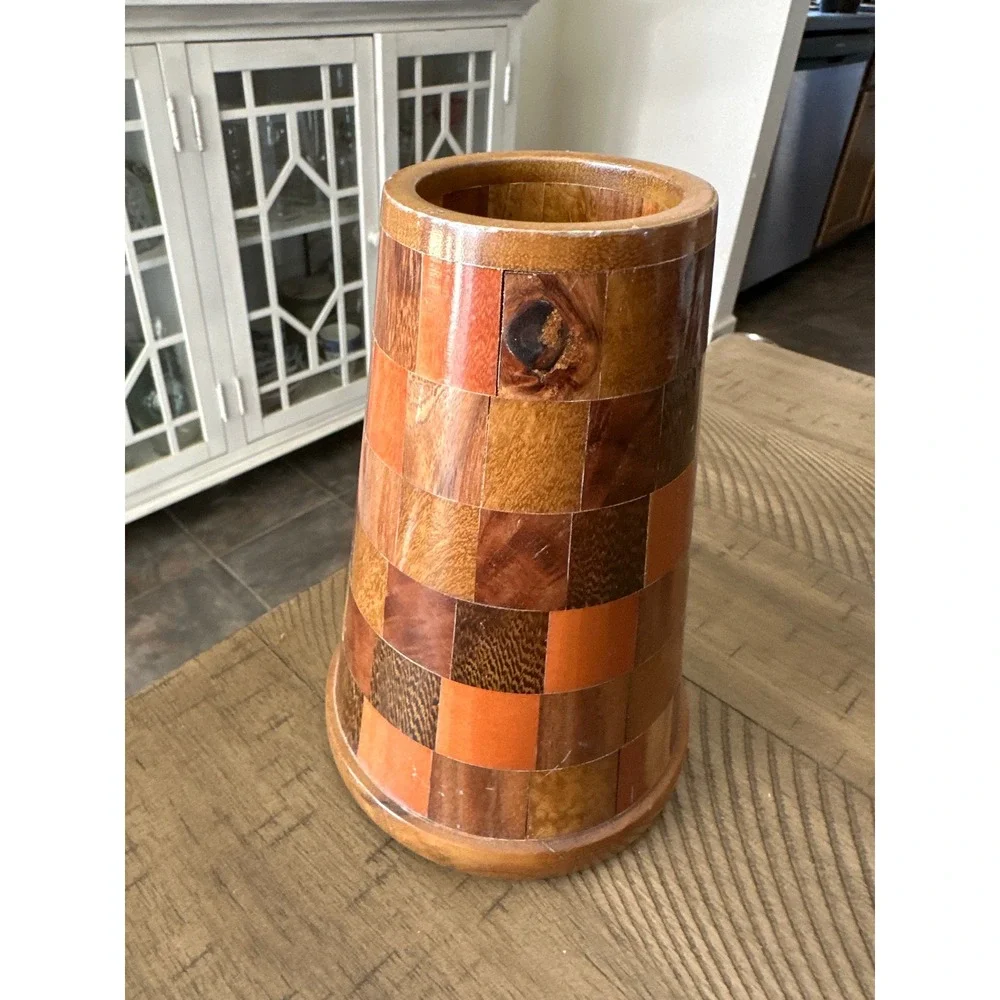 Vintage Handcrafted Patchwork Inlaid Wood Vase MidCentury